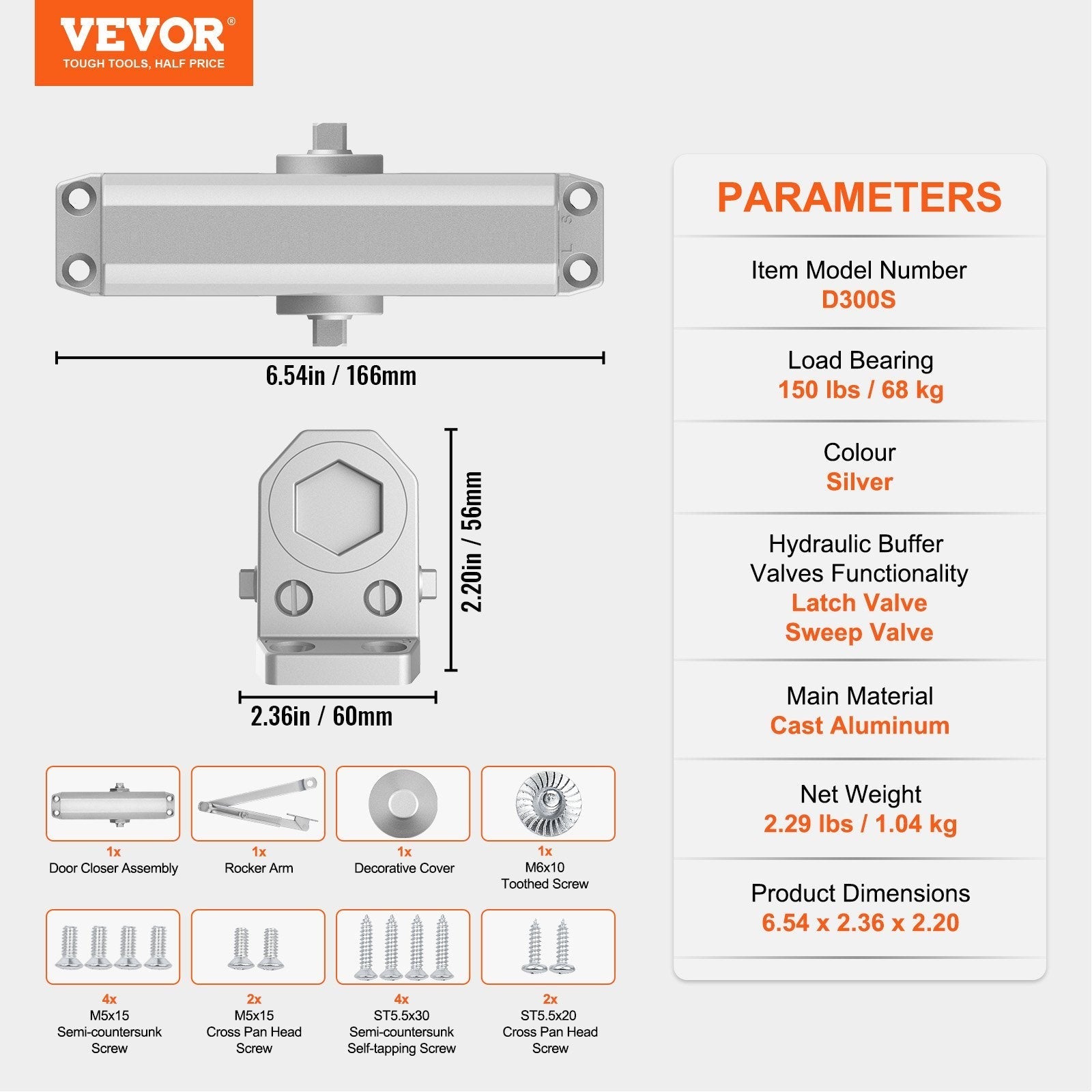VEVOR 150lbs Commercial Door Closer Heavy Duty Residential Hydraulic Auto Silver