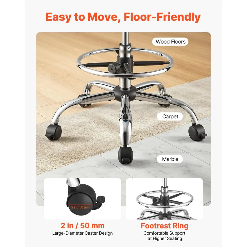 VEVOR Rolling Stool with Back Support, Height Adjustable Swivel Chair, 500 lb Capacity, Ergonomic PU Leather Seat with 360° Rotation for Dental, Salon, Clinic & Office Use, Black