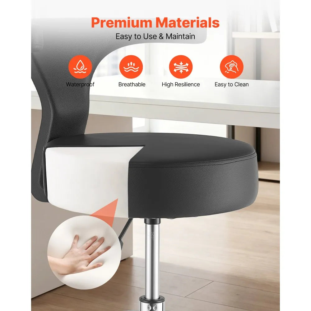 VEVOR Rolling Stool with Back Support, Height Adjustable Swivel Chair, 500 lb Capacity, Ergonomic PU Leather Seat with 360° Rotation for Dental, Salon, Clinic & Office Use, Black