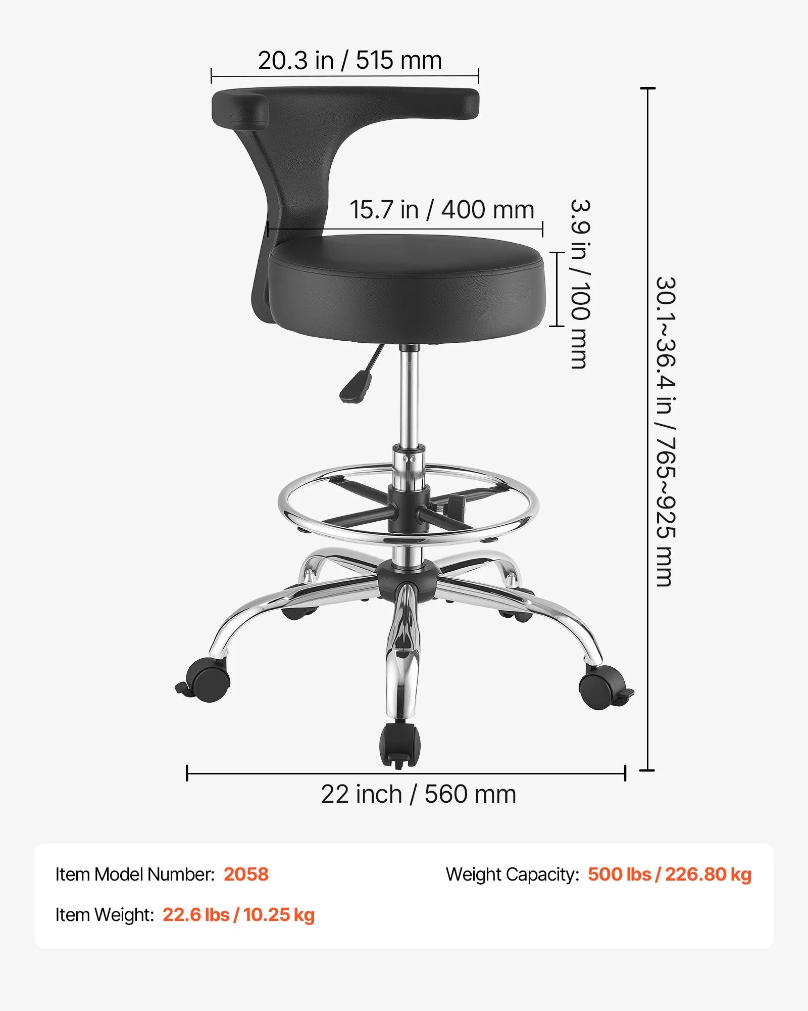 VEVOR Rolling Stool with Back Support, Height Adjustable Swivel Chair, 500 lb Capacity, Ergonomic PU Leather Seat with 360° Rotation for Dental, Salon, Clinic & Office Use, Black