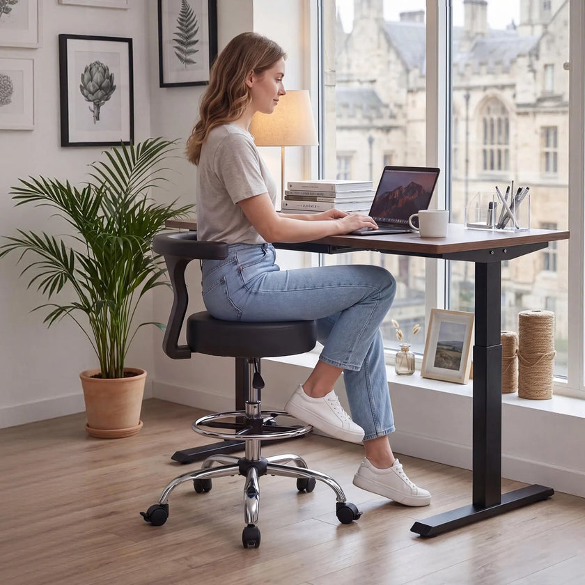 VEVOR Rolling Stool with Back Support, Height Adjustable Swivel Chair, 500 lb Capacity, Ergonomic PU Leather Seat with 360° Rotation for Dental, Salon, Clinic & Office Use, Black