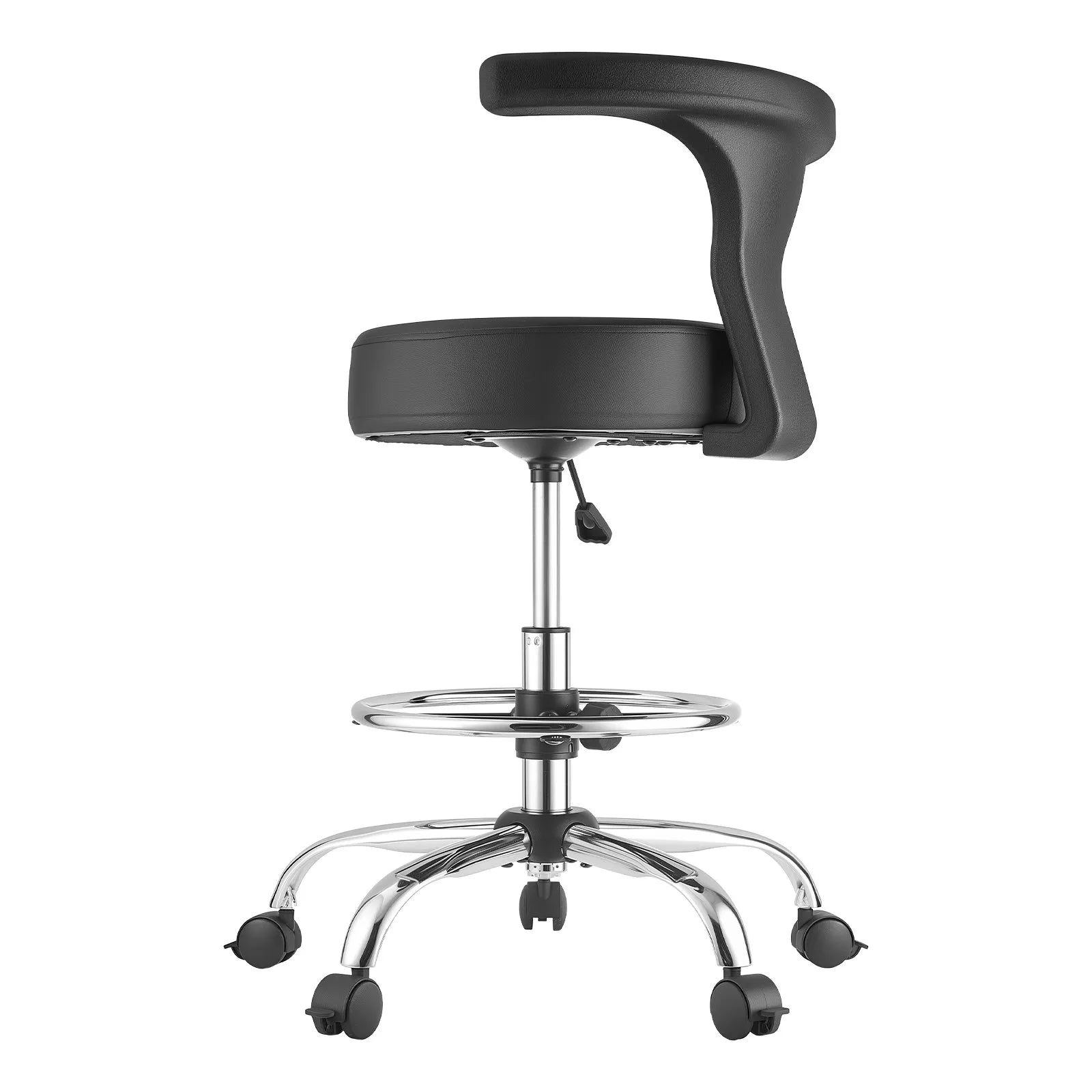 VEVOR Rolling Stool with Back Support, Height Adjustable Swivel Chair, 500 lb Capacity, Ergonomic PU Leather Seat with 360° Rotation for Dental, Salon, Clinic & Office Use, Black