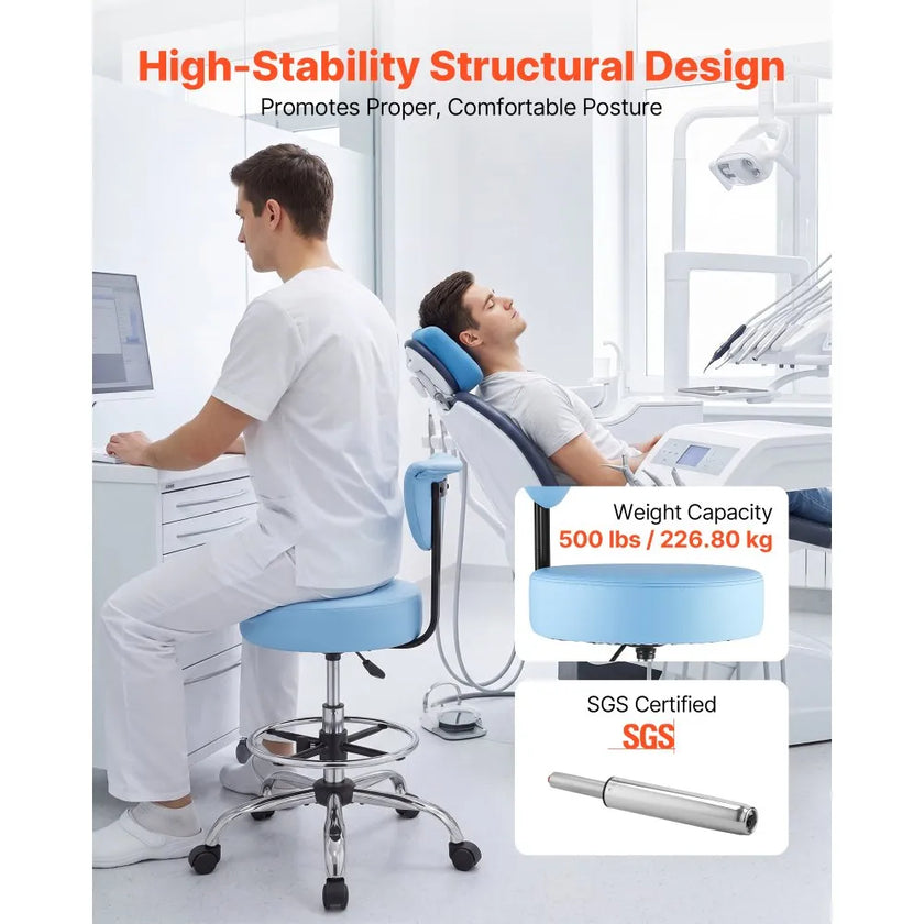 VEVOR Rolling Stool with Back Support – Height Adjustable Swivel Chair, 500 lb Capacity, Blue