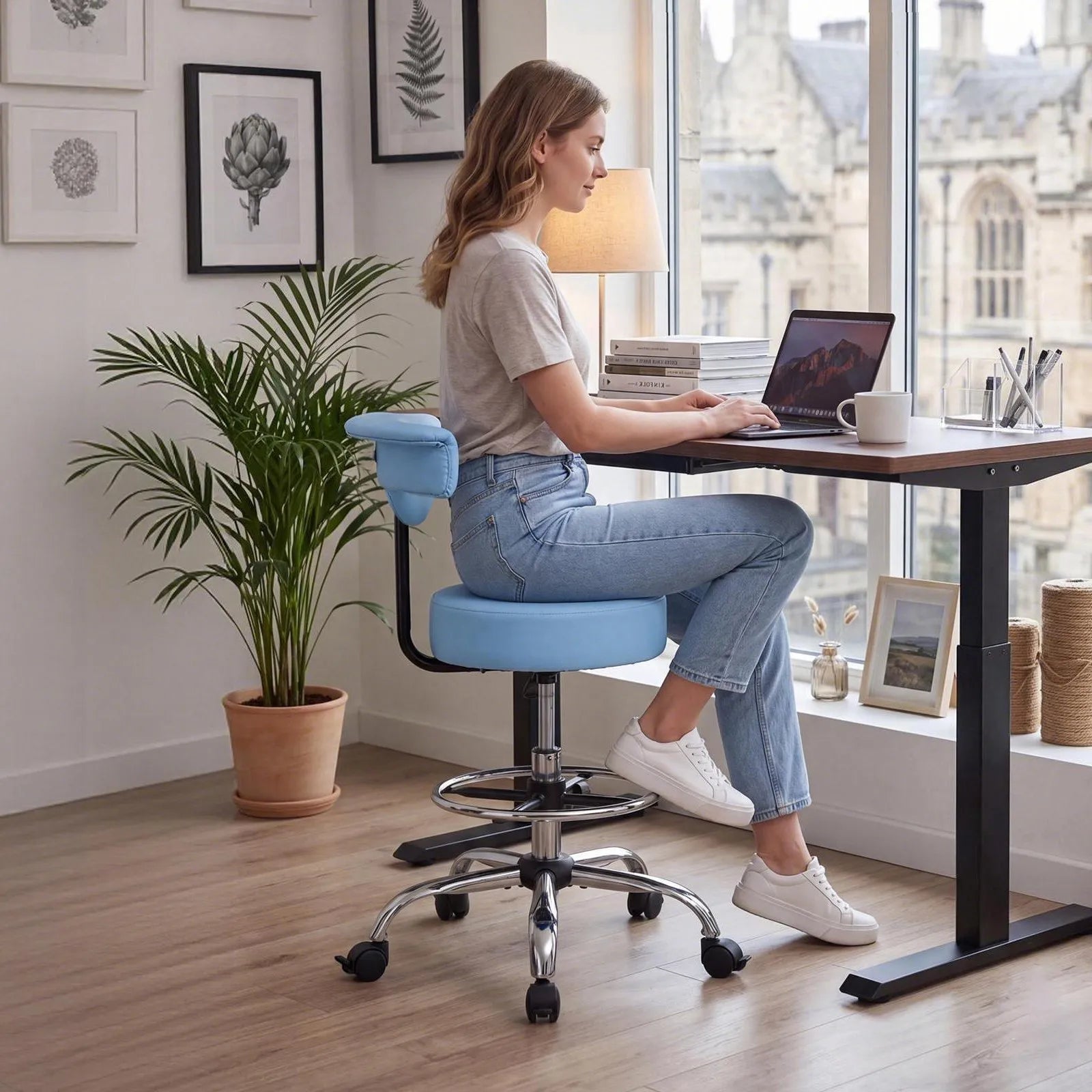 VEVOR Rolling Stool with Back Support – Height Adjustable Swivel Chair, 500 lb Capacity, Blue