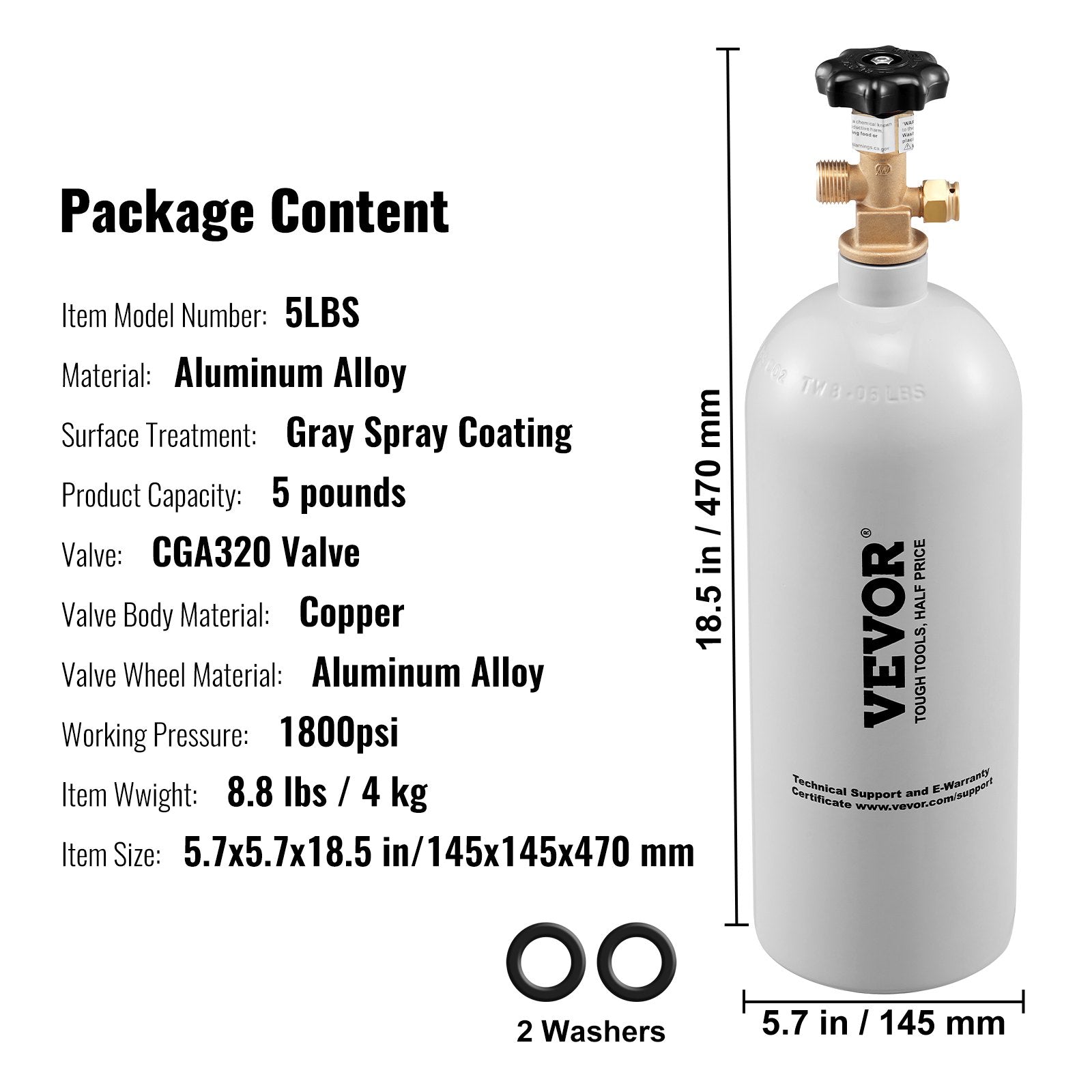 VEVOR 5 Lbs CO2 Tank Aluminum Gas Cylinder, Brand New CO2 Cylinder with Gray Spray Coating, CO2 Air Tank with CGA320 Valve, For Dispensing Draft Soda Beer