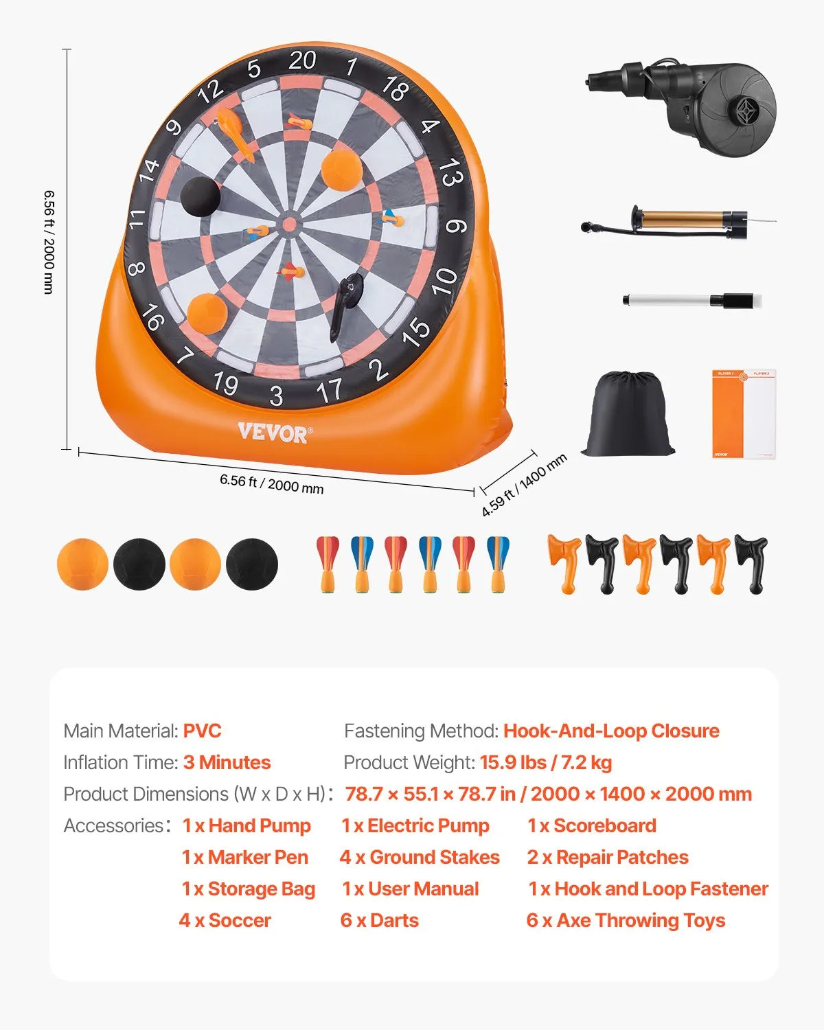 VEVOR Inflatable Soccer Dart Board over 6 ft with 4 Kick Ball 6 Darts 6 Axe Pump
