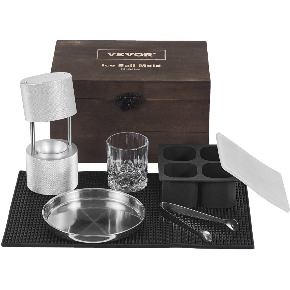 VEVOR Ice Ball Press Kit, Aircraft Al Alloy Ice Press with Ice Block Mold, Large Mat, Tong, Drip Tray, One Glass, Round Ice Ball Maker 2.4