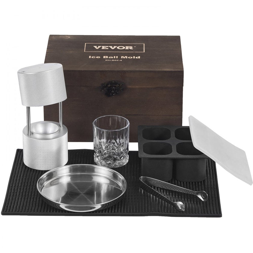 VEVOR Ice Ball Press Kit, Aircraft Al Alloy Ice Press with Ice Block Mold, Large Mat, Tong, Drip Tray, One Glass, Round Ice Ball Maker 2.4