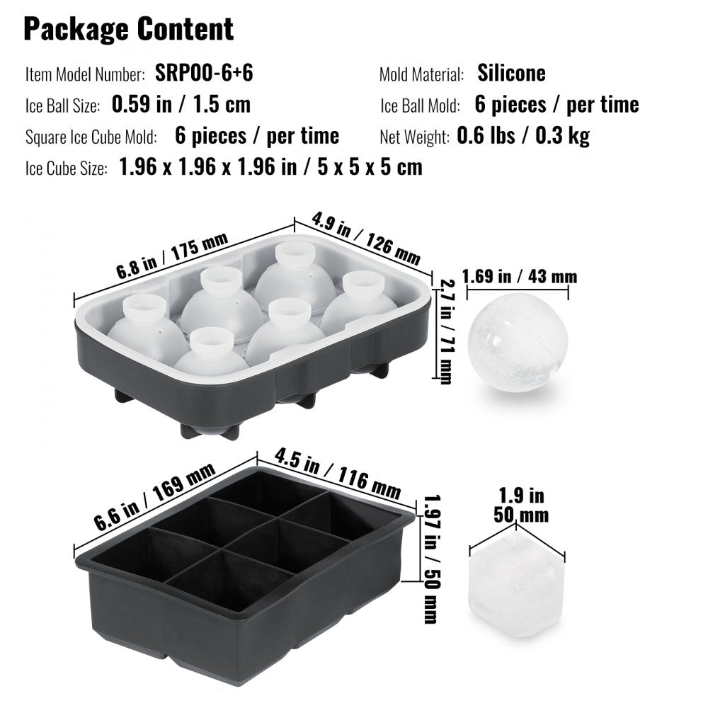 VEVOR Ice Cube Trays (Set of 2), 2-in-1 Combo with Silicone Sphere Ice Ball Maker & Large Square Ice Cube Maker with Lid, Reusable Easy Release BPA Free Ice Tray Set for Whiskey Cocktails Bourbon