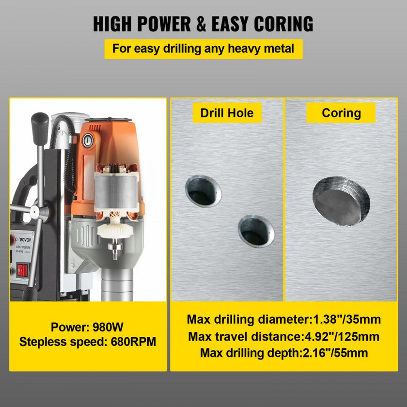 VEVOR Magnetic Drill Magnetic Drilling Machine 980W, Metal Drill Press High Power  680 rpm, Multi-Function Metal Drill Press 35MM Core Drilling Machine for Drilling And Tapping