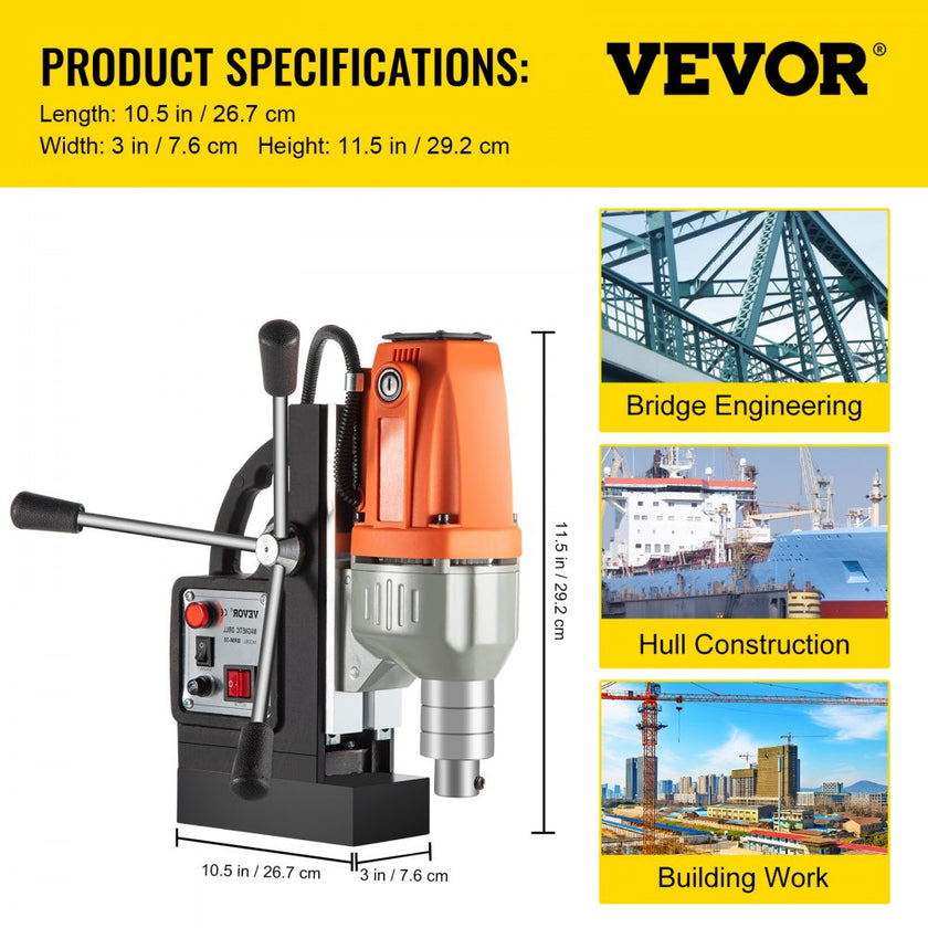 VEVOR Magnetic Drill Magnetic Drilling Machine 980W, Metal Drill Press High Power  680 rpm, Multi-Function Metal Drill Press 35MM Core Drilling Machine for Drilling And Tapping