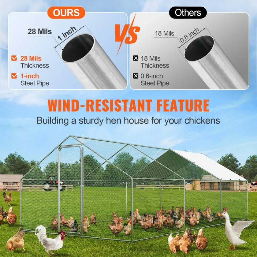 VEVOR Large Metal Chicken Coop, 9.8x19.3x6.5 ft Walk-in Chicken Runs for Yard with Cover, Spire Roof Hen House with Security Lock for Outdoor and Backyard, Farm, Duck Rabbit Cage Poultry Pen