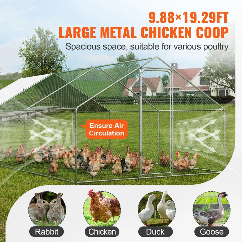 VEVOR Large Metal Chicken Coop, 9.8x19.3x6.5 ft Walk-in Chicken Runs for Yard with Cover, Spire Roof Hen House with Security Lock for Outdoor and Backyard, Farm, Duck Rabbit Cage Poultry Pen
