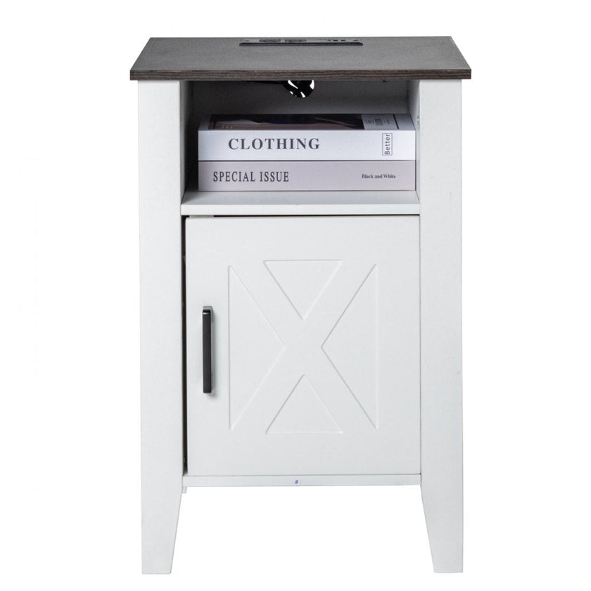 VEVOR Farmhouse End Table Night Stand with USB Outlets LED Light Set of 2 White