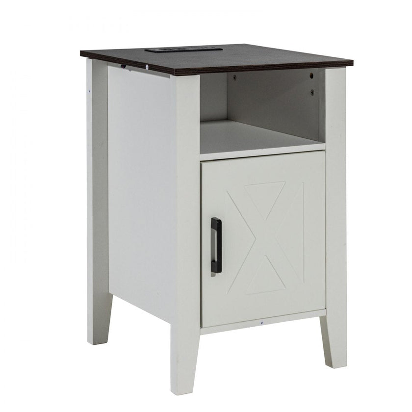 VEVOR Farmhouse End Table Night Stand with USB Outlets LED Light Set of 2 White