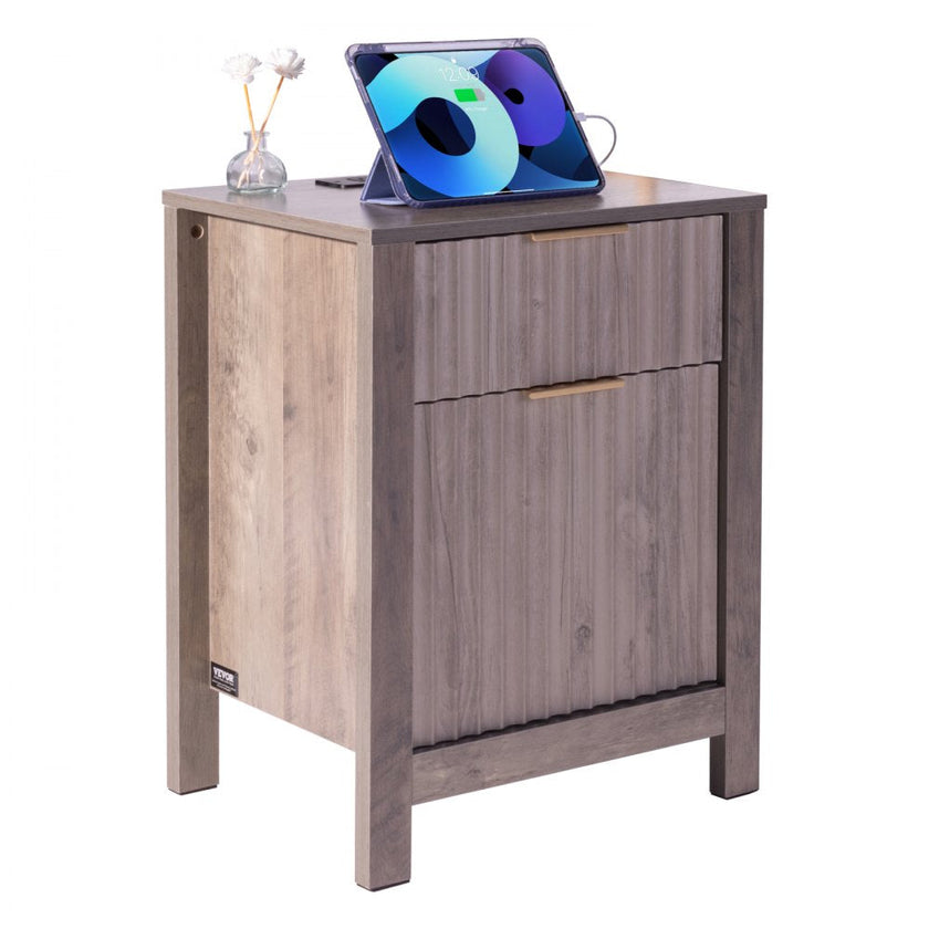 Farmhouse End Table Square Night Stand with USB & Outlets Set of 2 Gray
