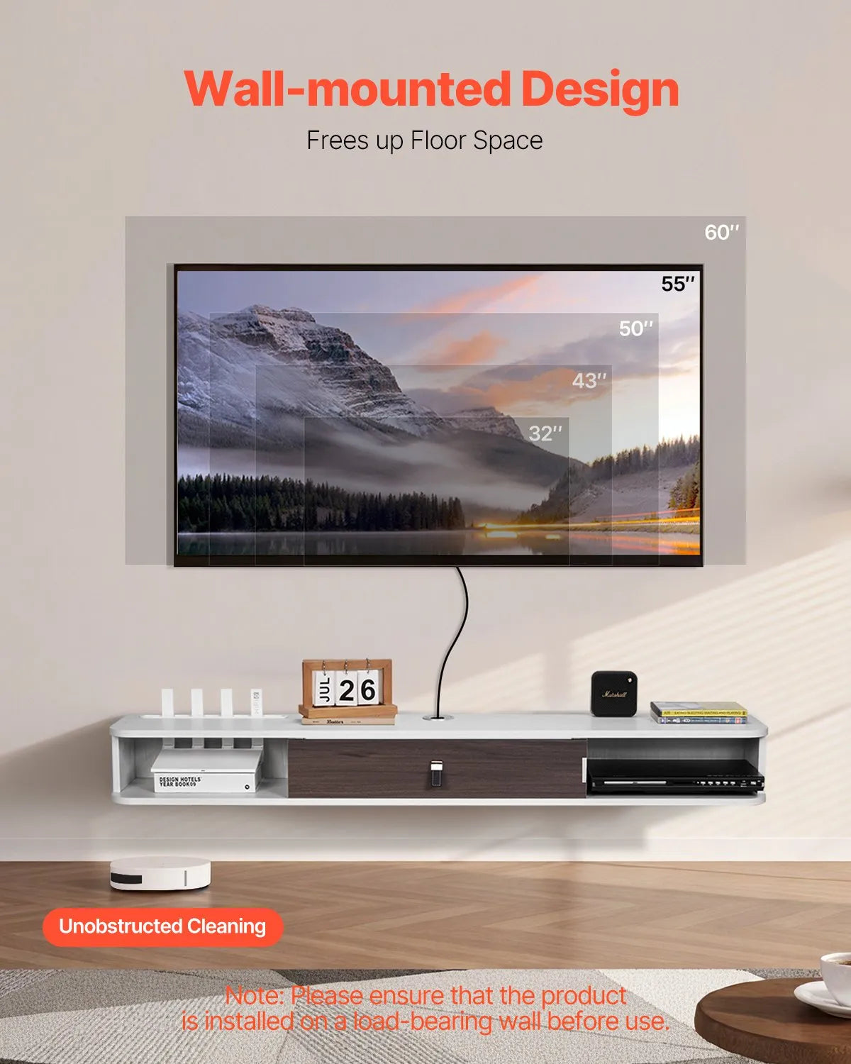 VEVOR Floating TV Stand 55 in Entertainment Center Power with Cable Hole White