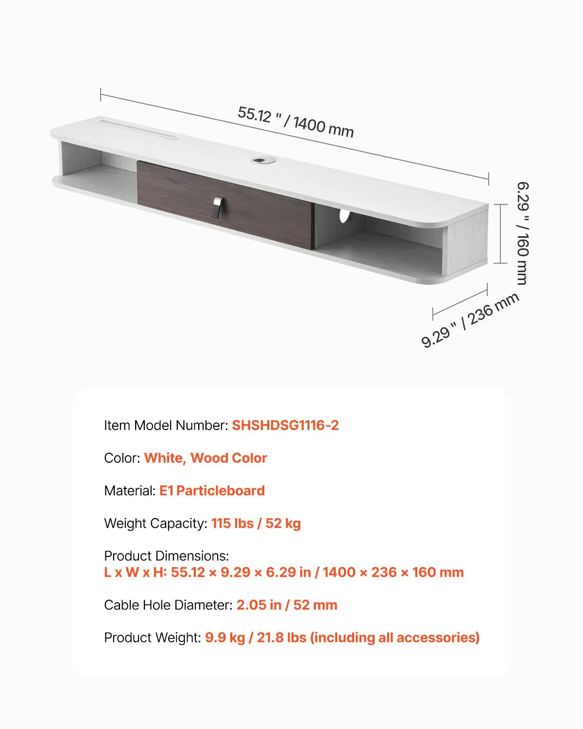 VEVOR Floating TV Stand 55 in Entertainment Center Power with Cable Hole White