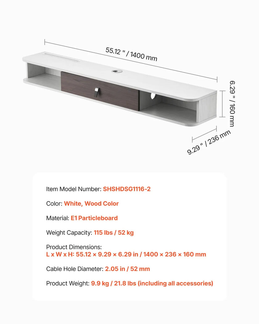VEVOR Floating TV Stand 55 in Entertainment Center Power with Cable Hole White