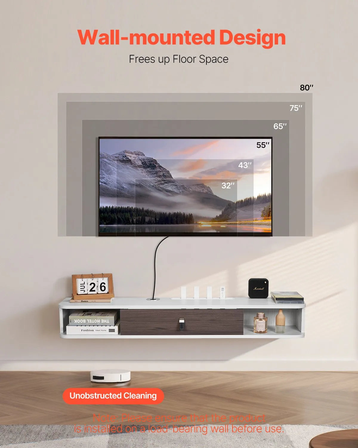 VEVOR Floating TV Stand 47 in Entertainment Center Power with Cable Hole White