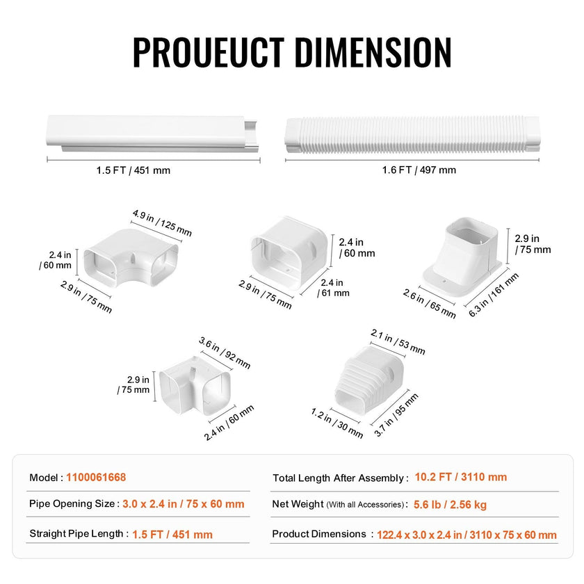 VEVOR Mini Split Line Set Cover 3-inch W 10Ft L, PVC Decorative Pipe Line Cover For Air Conditioner with 5 Straight Ducts & Full Components Easy to Install, Paintable for Heat Pumps, White