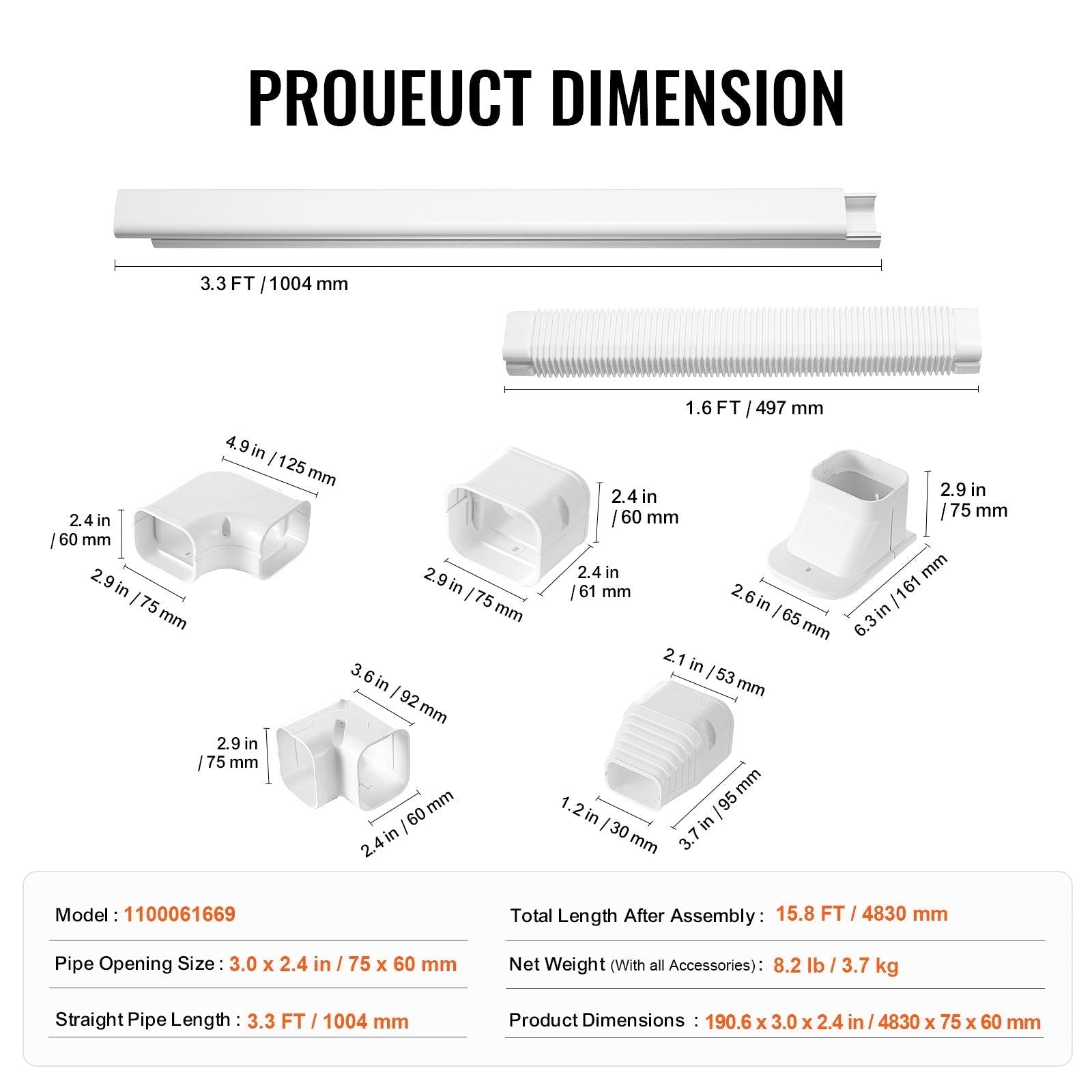 VEVOR Mini Split Line Set Cover 3-inch W 15.8Ft L, PVC Decorative Pipe Line Cover For Air Conditioner with 4 Straight Ducts & Full Components Easy to Install, Paintable for Heat Pumps, White