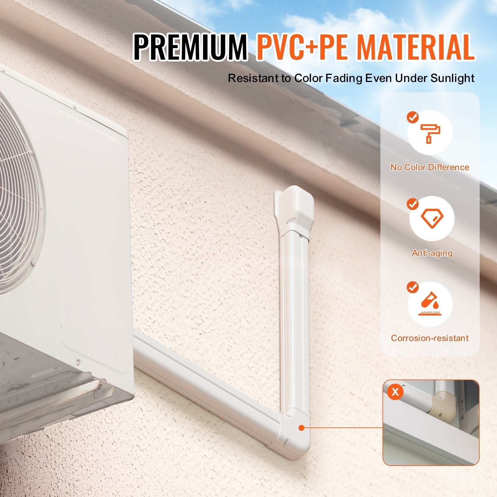 VEVOR Mini Split Line Set Cover 3-inch W 17.7Ft L, PVC Decorative Pipe Line Cover For Air Conditioner with 10 Straight Ducts & Full Components Easy to Install, Paintable for Heat Pumps, White