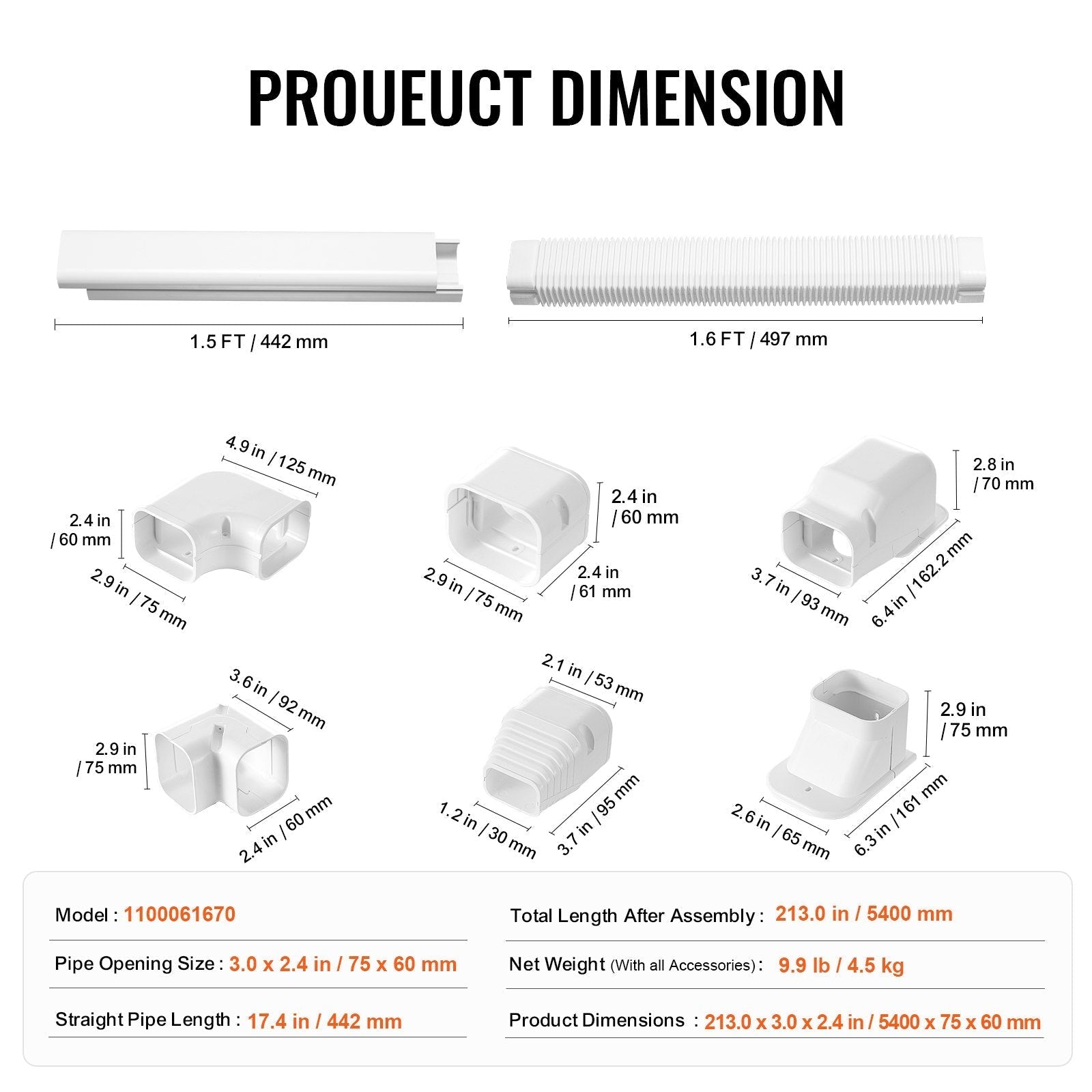 VEVOR Mini Split Line Set Cover 3-inch W 17.7Ft L, PVC Decorative Pipe Line Cover For Air Conditioner with 10 Straight Ducts & Full Components Easy to Install, Paintable for Heat Pumps, White