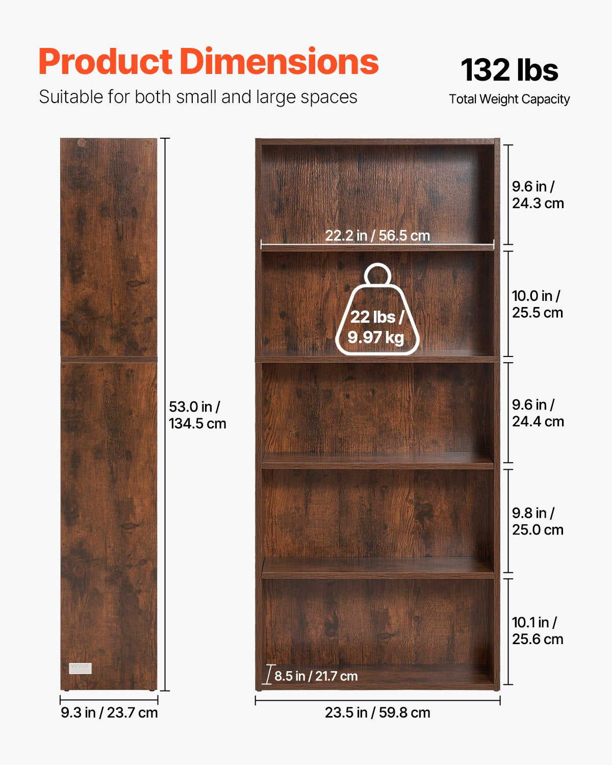 VEVOR 5 Tiers Narrow Bookshelf 53