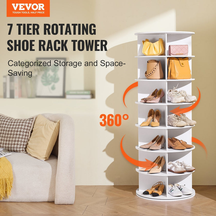 VEVOR 7-Tier Rotating Shoe Rack Tower 360° Spinning Shoe Display Carousel White