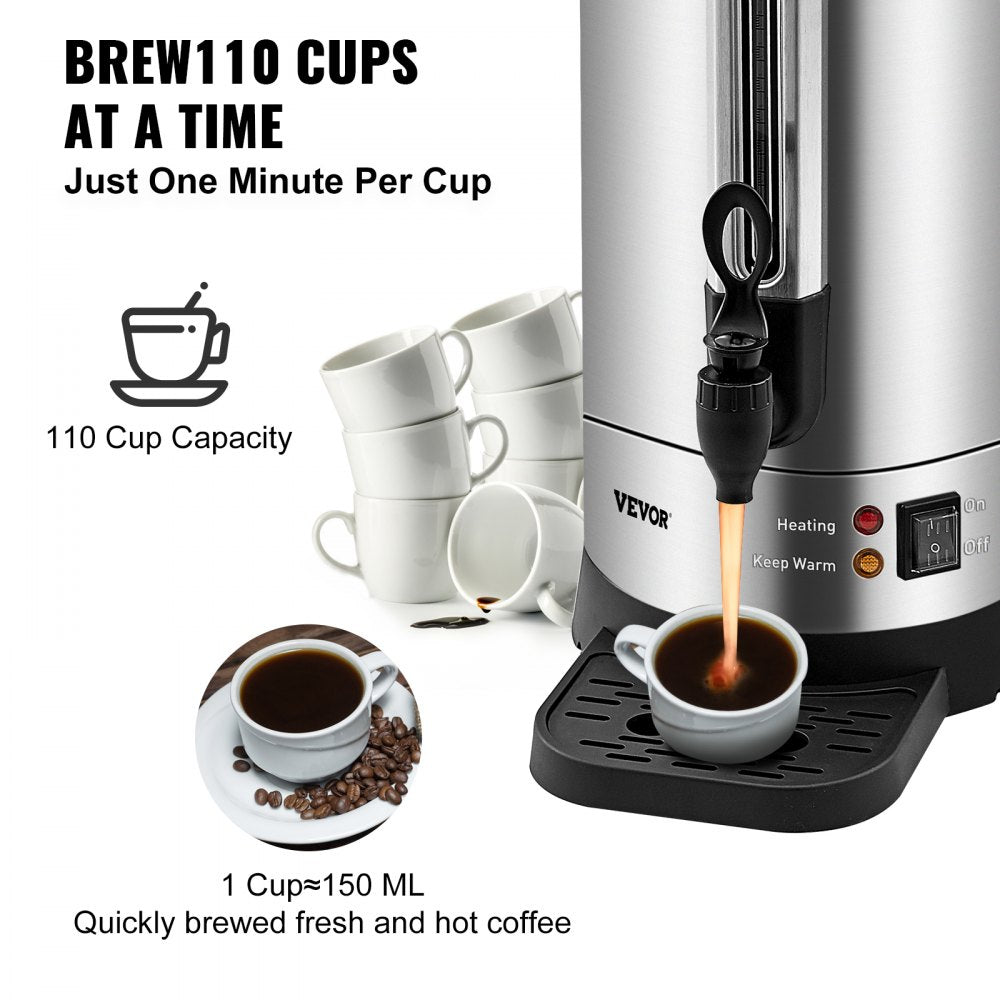 VEVOR Commercial Coffee Urn, 110 Cups Stainless Steel Large Coffee Dispenser, 1500W 110V Electric Coffee Maker Urn For Quick Brewing, Hot Water Urn with Detachable Power Cord for Easy Cleaning, Silver