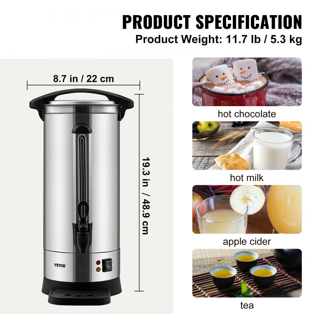 VEVOR Commercial Coffee Urn, 110 Cups Stainless Steel Large Coffee Dispenser, 1500W 110V Electric Coffee Maker Urn For Quick Brewing, Hot Water Urn with Detachable Power Cord for Easy Cleaning, Silver