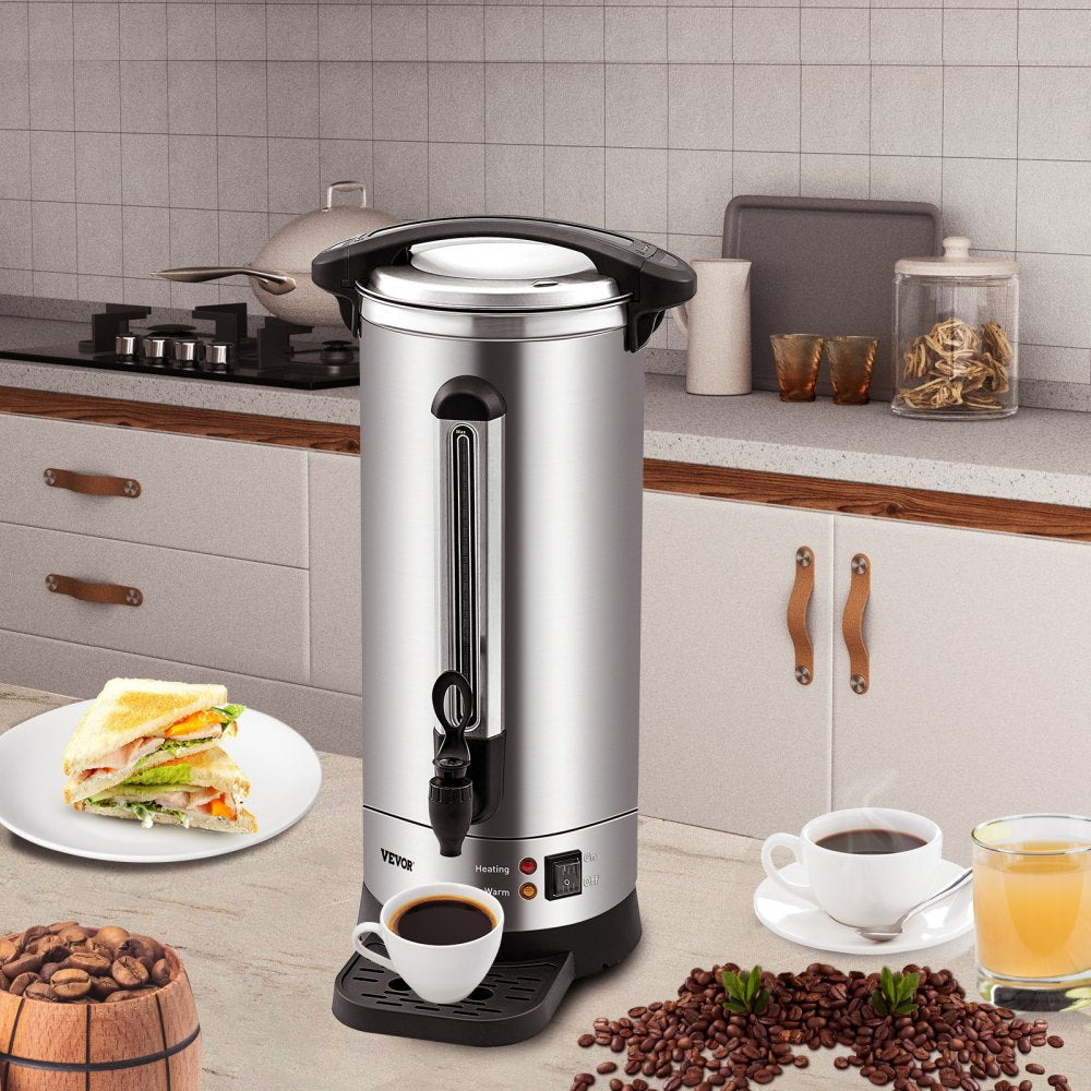 VEVOR Commercial Coffee Urn, 110 Cups Stainless Steel Large Coffee Dispenser, 1500W 110V Electric Coffee Maker Urn For Quick Brewing, Hot Water Urn with Detachable Power Cord for Easy Cleaning, Silver