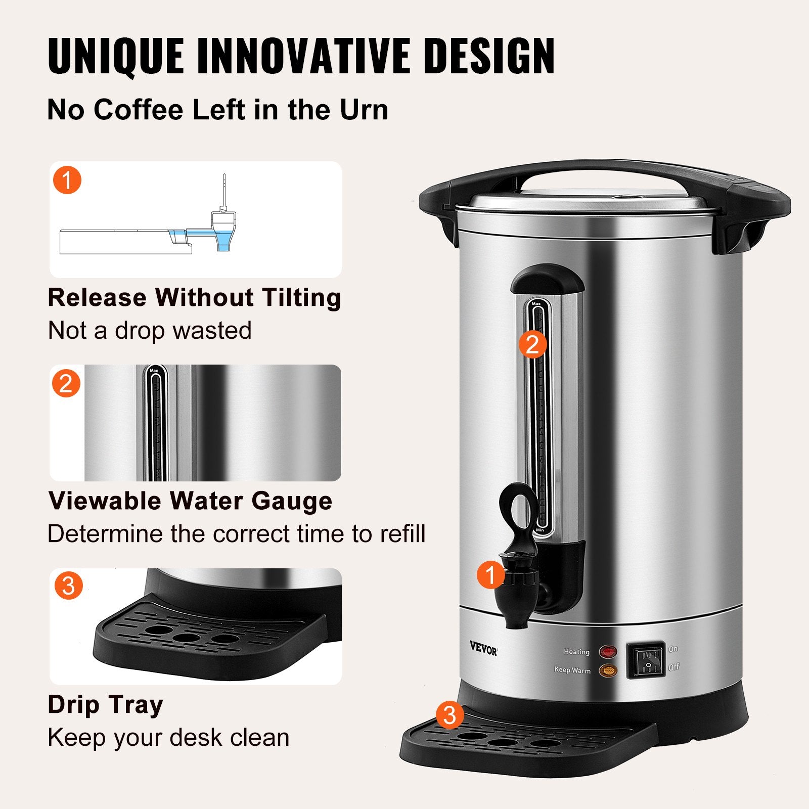 VEVOR Commercial Coffee Urn, 65 Cups Stainless Steel Large Coffee Dispenser, 1500W 110V Electric Coffee Maker Urn For Quick Brewing, Hot Water Urn with Detachable Power Cord for Easy Cleaning, Silver