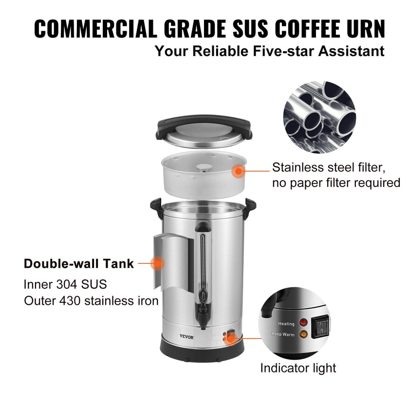 VEVOR Commercial Coffee Urn, 65 Cups Stainless Steel Large Coffee Dispenser, 1500W 110V Electric Coffee Maker Urn For Quick Brewing, Hot Water Urn with Detachable Power Cord for Easy Cleaning, Silver