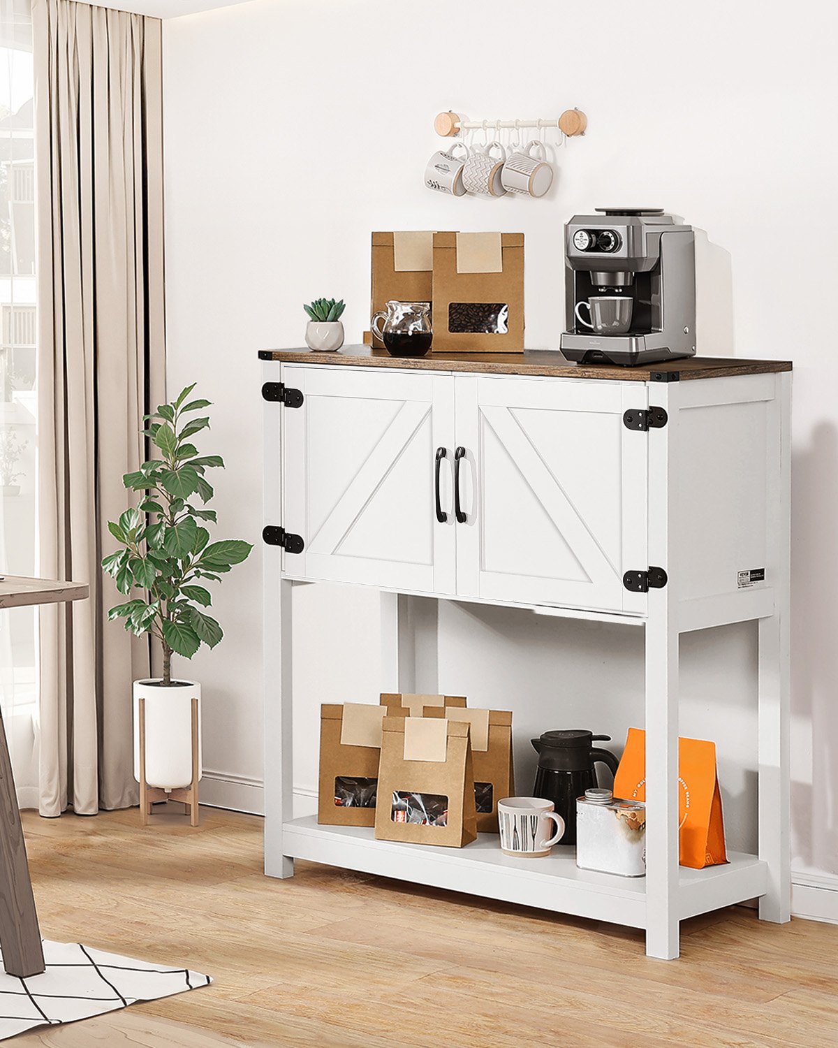 VEVOR Coffee Bar Cabinet 3-Tier Coffee Bar Table with Magnet Doors Brown White