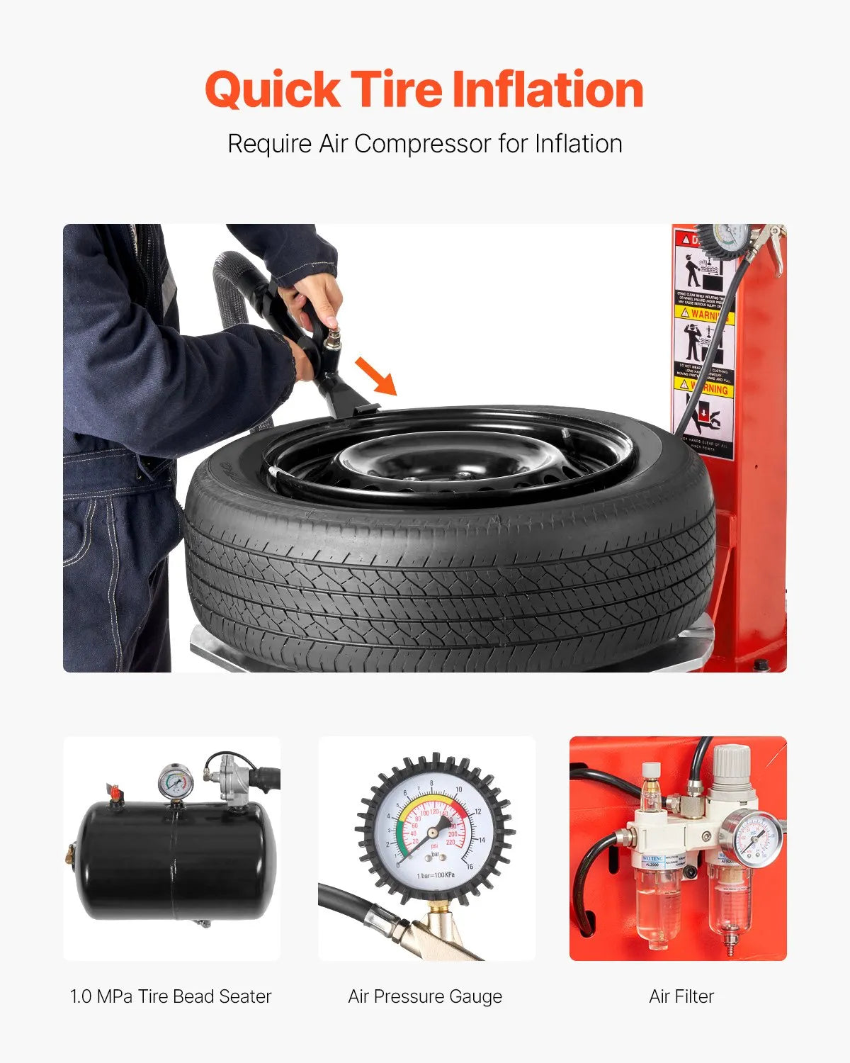 VEVOR Durable Tire Changer Machine 1.5HP Tire Changer with Air Pressure Gauge