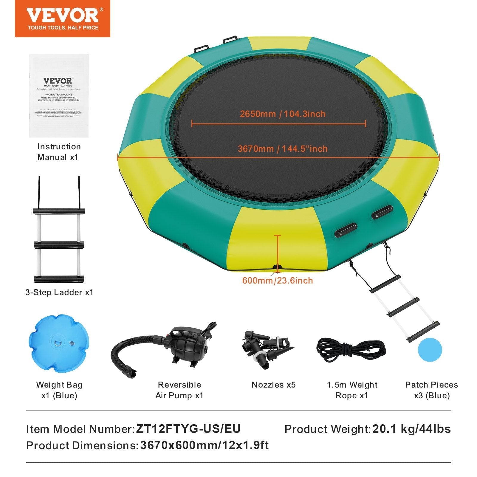 VEVOR Inflatable Water Bouncer, 12ft Recreational Water Trampoline, Portable Bounce Swim Platform with 3-Step Ladder & Electric Air Pump, Kids Adults Floating Rebounder for Pool, Lake, Water Sports