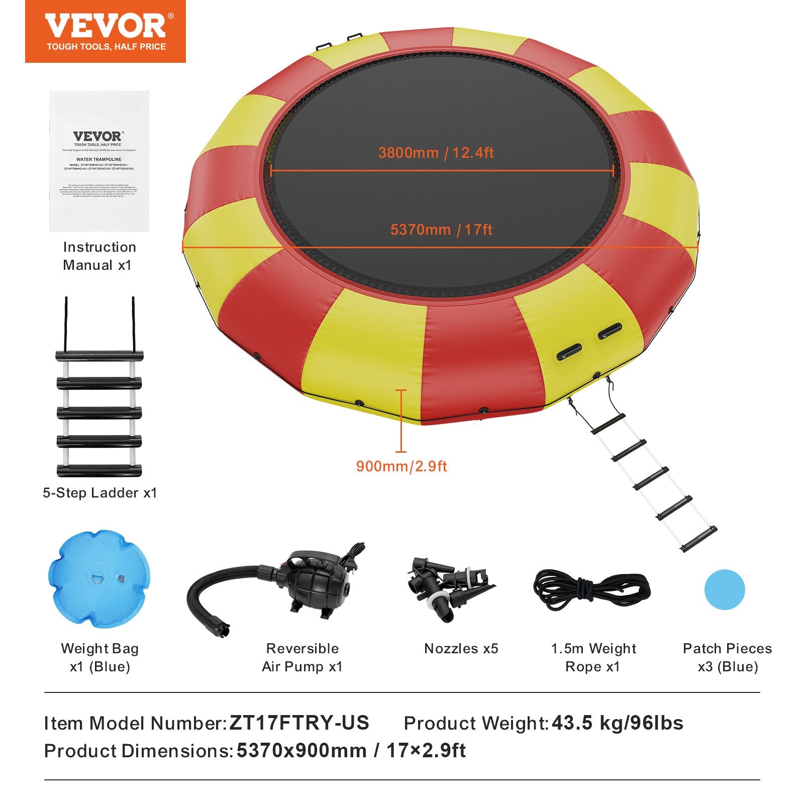 17ft Inflatable Water Bouncer,  Recreational Water Trampoline, Portable Bounce Swim Platform with 5-Step Ladder & Electric Air Pump, Kids Adults Floating Rebounder for Pool, Lake, Water Sports