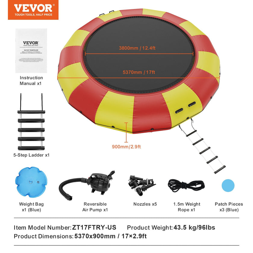 17ft Inflatable Water Bouncer,  Recreational Water Trampoline, Portable Bounce Swim Platform with 5-Step Ladder & Electric Air Pump, Kids Adults Floating Rebounder for Pool, Lake, Water Sports