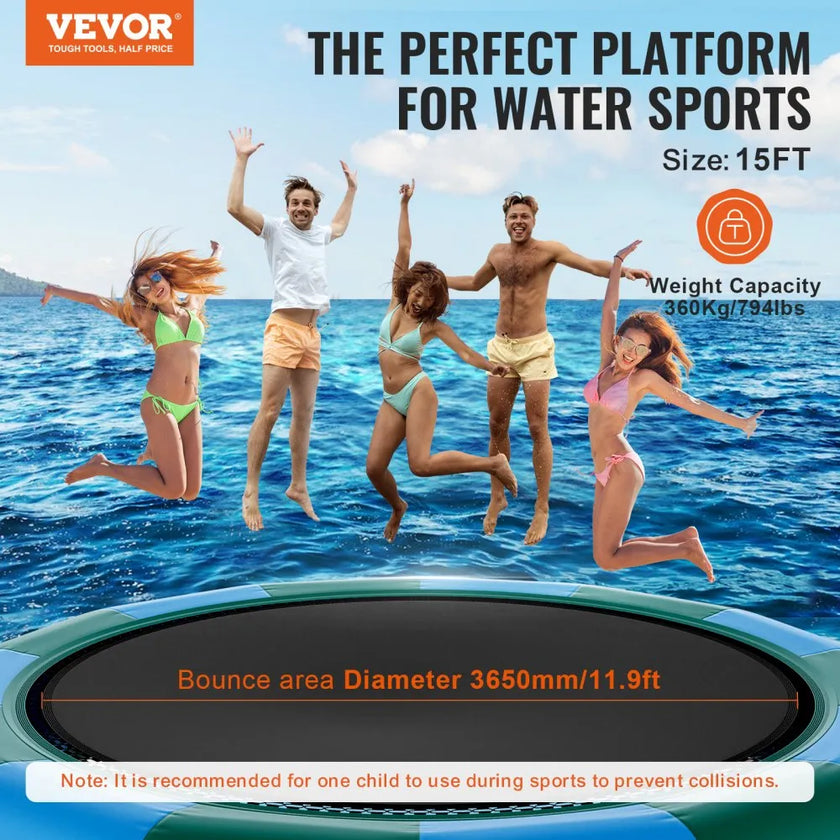 VEVOR Inflatable Water Bouncer, 15ft Recreational Water Trampoline, Portable Bounce Swim Platform with 3-Step Ladder & Electric Air Pump, Kids Adults Floating Rebounder for Pool, Lake, Water Sports