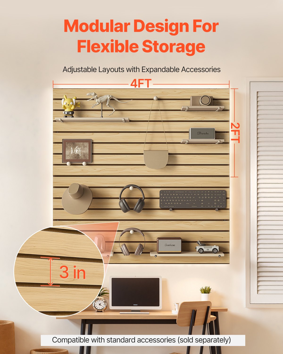 VEVOR 4 x 4 ft SlatWall Paneling MDF Natural Garage Slatwall with Modular Design