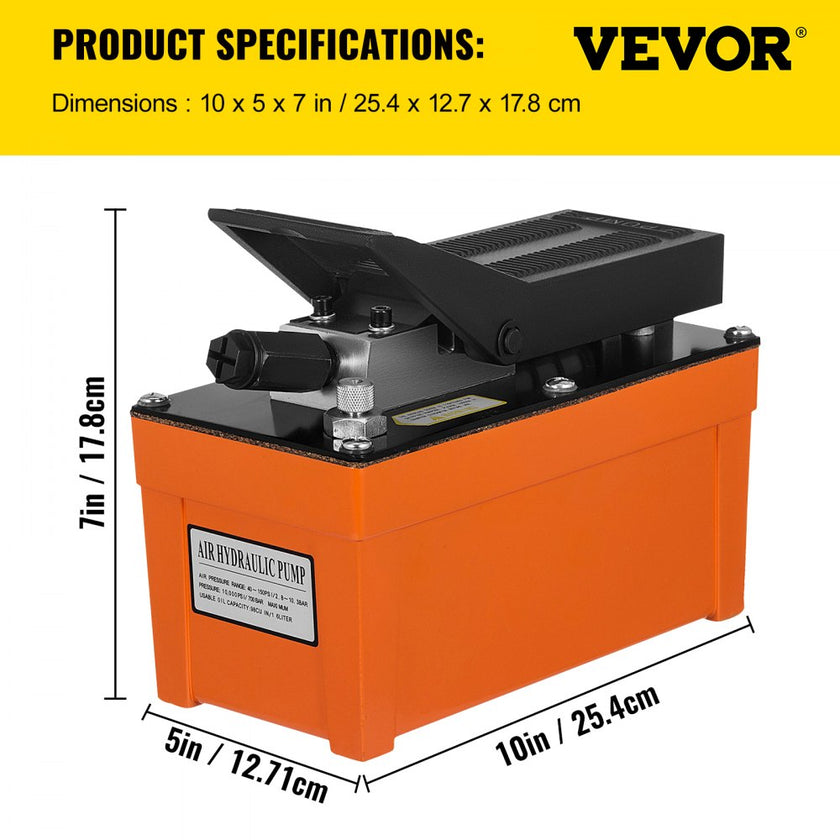 VEVOR Air Hydraulic Pump 10000 PSI Air Over Hydraulic Pump 0.42 Gal Reservoir Air Treadle Foot Actuated Hydraulic Pump 3/8