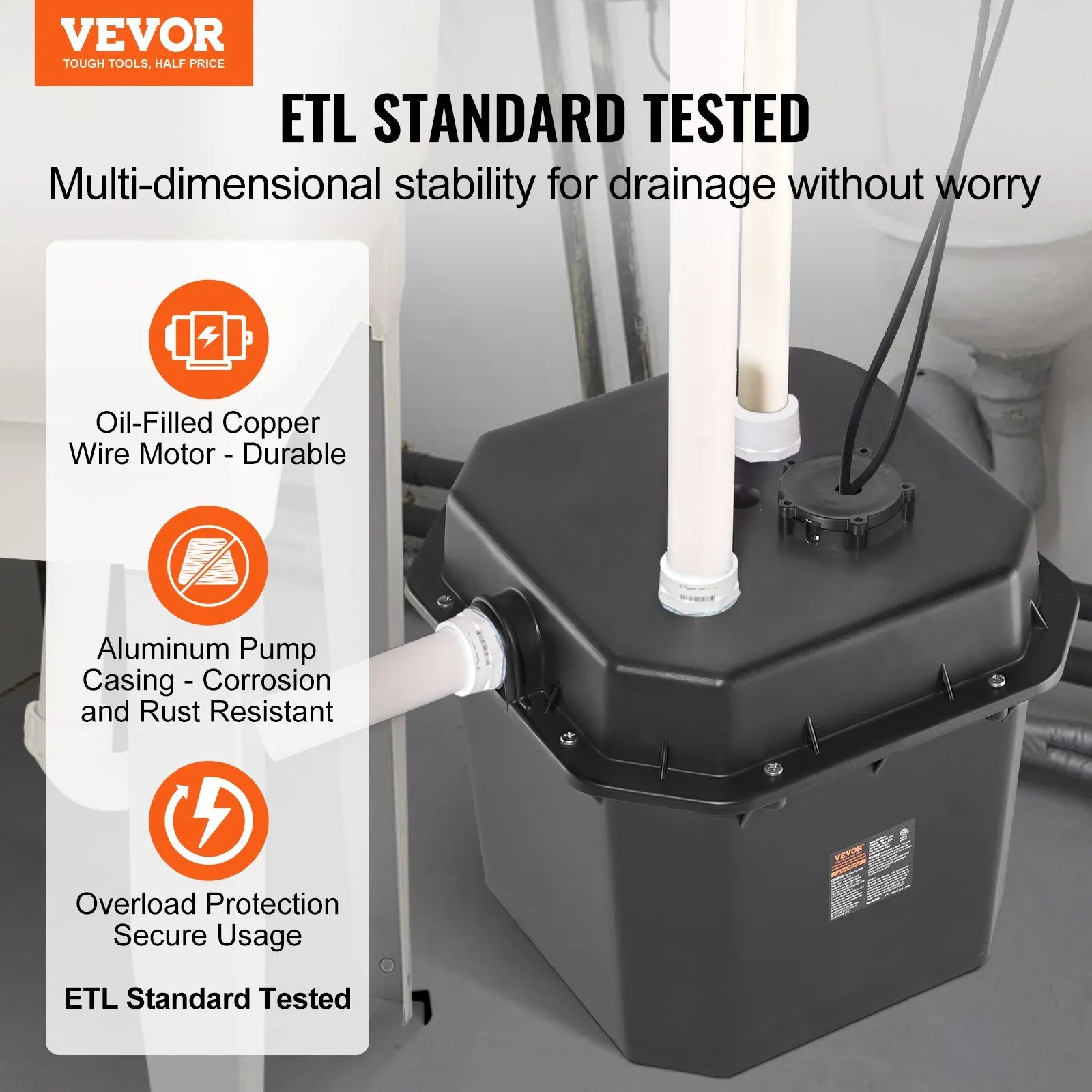 VEVOR Utility Sink Pump, 1/2 HP, 120-Volt, 3500 GPH Flow, 28 ft Head, Under-Sink Sump Pump System with 6 Gallon Basin, Automatic Utility/Laundry Sink Pump, Drain Pump with 1-1/2