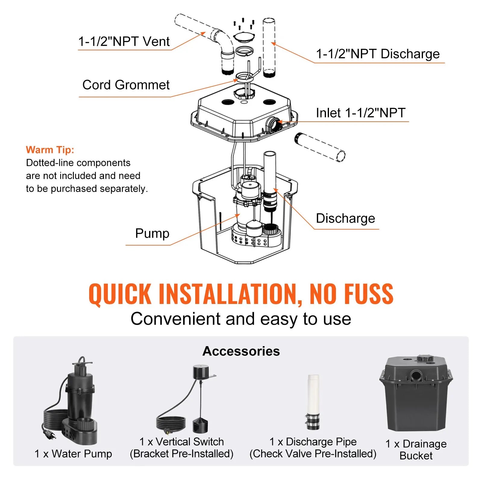 VEVOR Utility Sink Pump, 1/2 HP, 120-Volt, 3500 GPH Flow, 28 ft Head, Under-Sink Sump Pump System with 6 Gallon Basin, Automatic Utility/Laundry Sink Pump, Drain Pump with 1-1/2