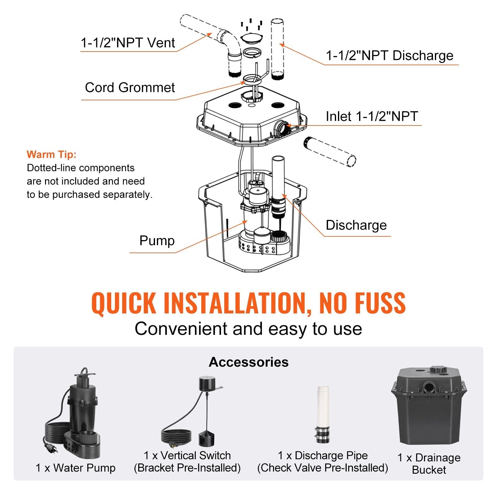 VEVOR Utility Sink Pump, 1/3 HP, 120-Volt, 2900 GPH Flow, 25 ft Head, Under-Sink Sump Pump System with 6 Gallon Basin, Automatic Utility/Laundry Sink Pump, Drain Pump with 1-1/2