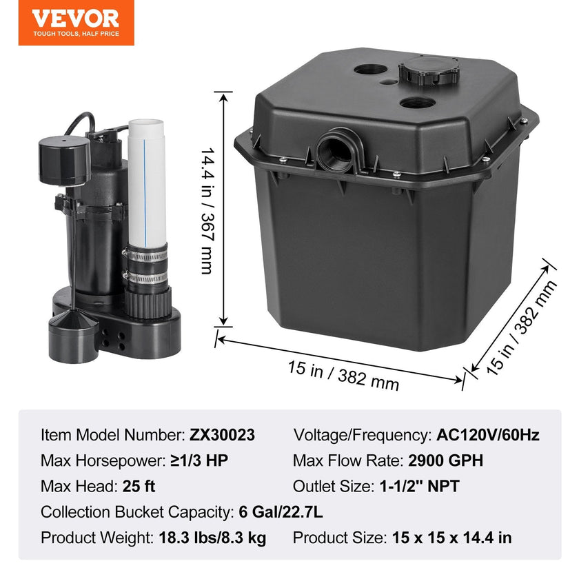VEVOR Utility Sink Pump, 1/3 HP, 120-Volt, 2900 GPH Flow, 25 ft Head, Under-Sink Sump Pump System with 6 Gallon Basin, Automatic Utility/Laundry Sink Pump, Drain Pump with 1-1/2