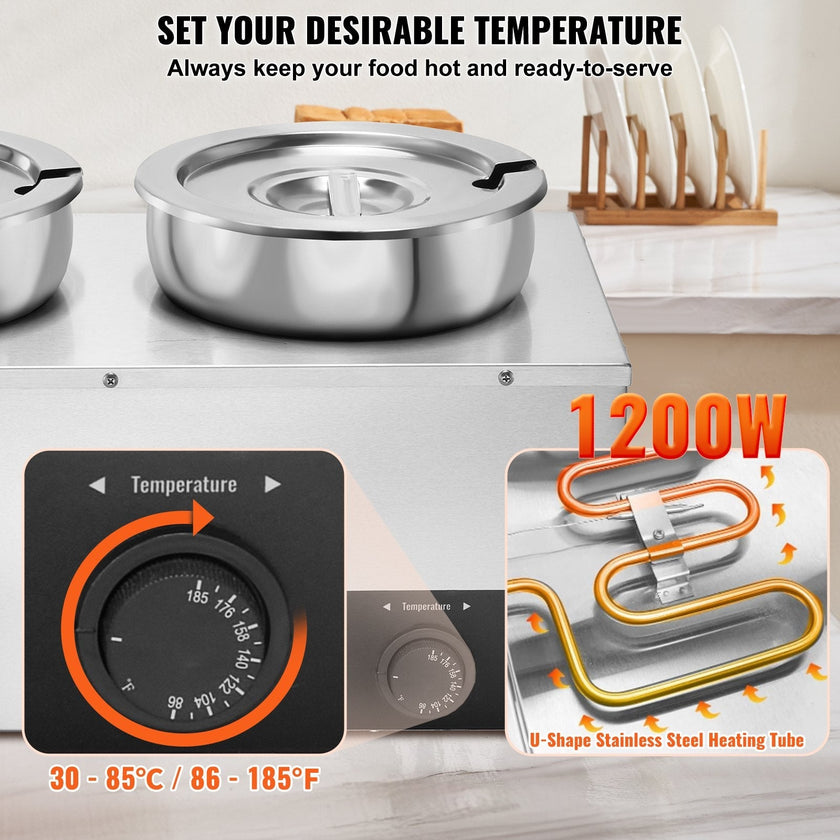 VEVOR Electric Soup Warmer, Dual 7.4QT Stainless Steel Round Pot 86~185°F Adjustable Temp, 1200W Commercial Bain Marie with Anti-dry Burn and Reset Button, Soup Station for Restaurant, Buffet, Silver