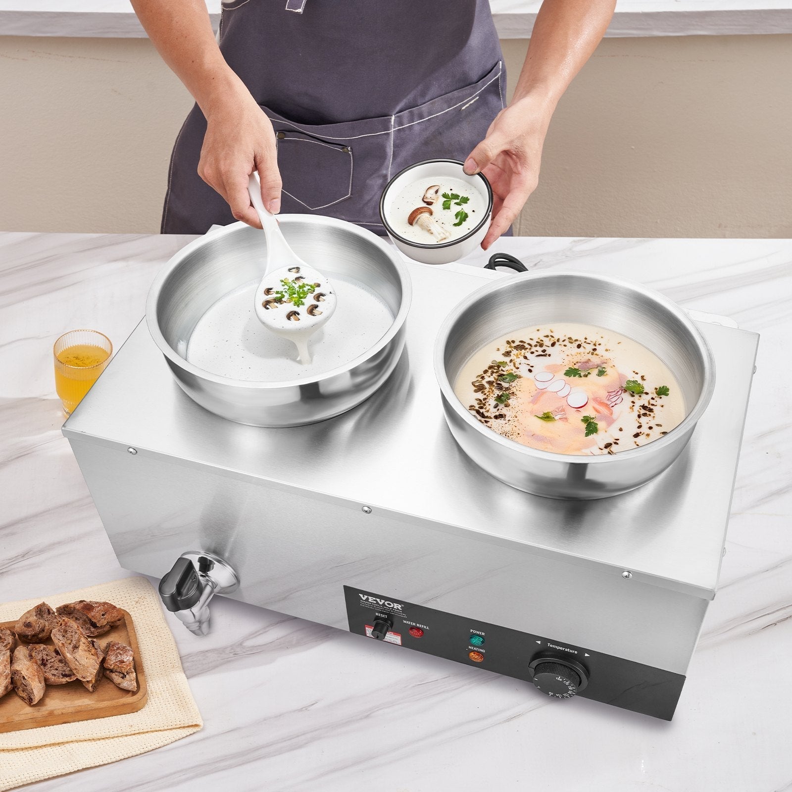 VEVOR Electric Soup Warmer, Dual 7.4QT Stainless Steel Round Pot 86~185°F Adjustable Temp, 1200W Commercial Bain Marie with Anti-dry Burn and Reset Button, Soup Station for Restaurant, Buffet, Silver