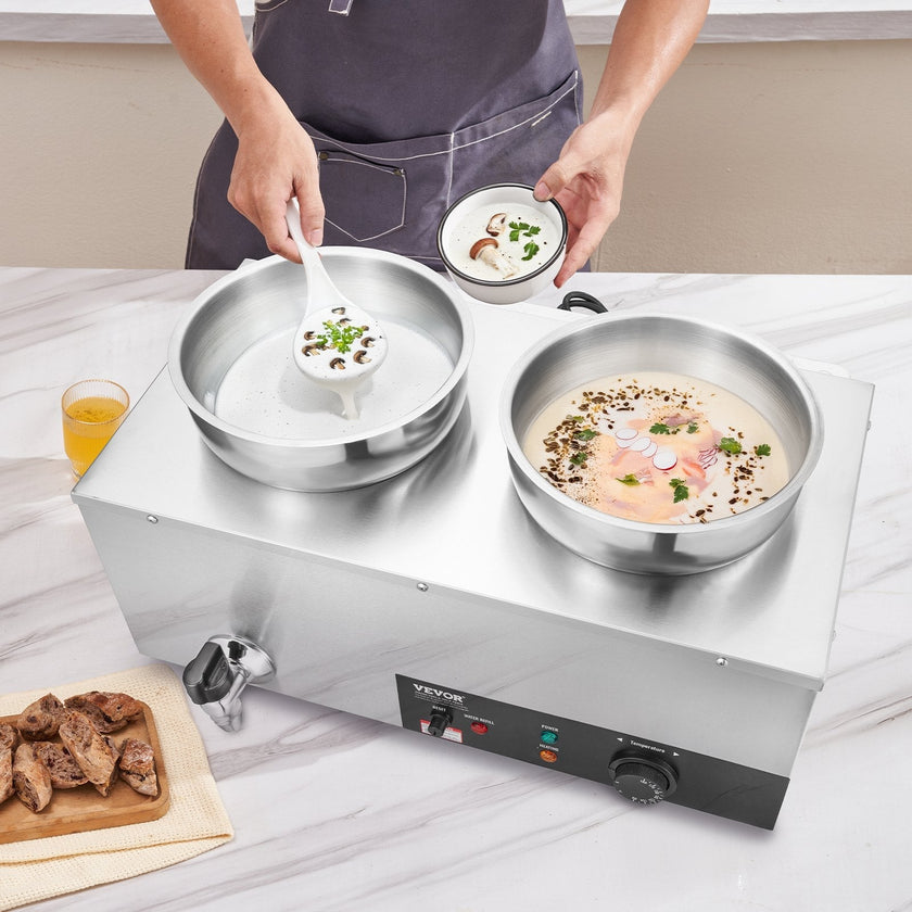 VEVOR Electric Soup Warmer, Dual 7.4QT Stainless Steel Round Pot 86~185°F Adjustable Temp, 1200W Commercial Bain Marie with Anti-dry Burn and Reset Button, Soup Station for Restaurant, Buffet, Silver
